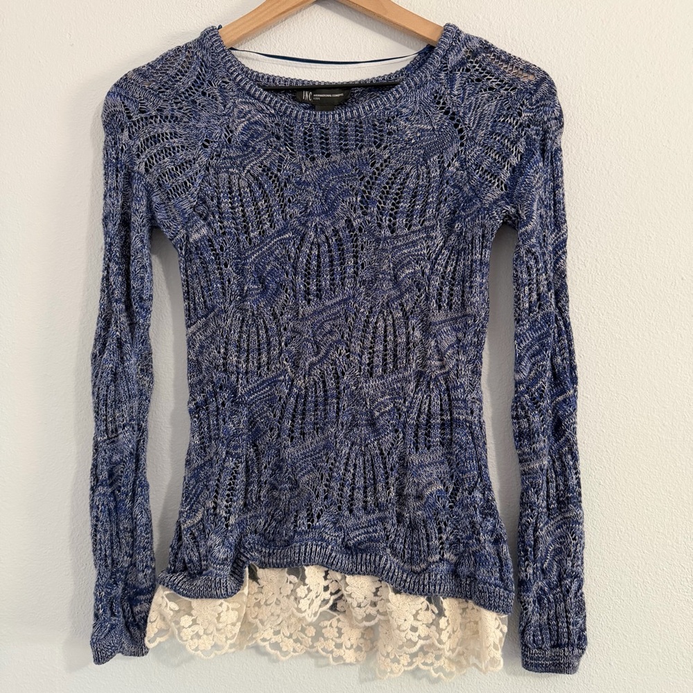 INC International Concepts Textured Blue Sweater with Lace Trim